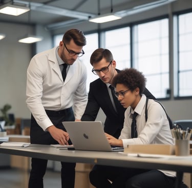 A team of professionals discussing project plans in an office.