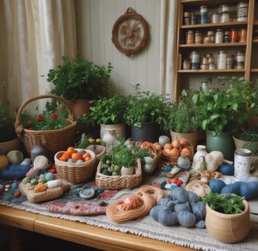 A cozy room with potted plants, crafts and sewing supplies on a table and  on wall shelves