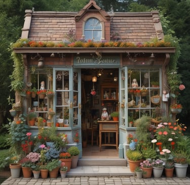 An inviting cottage store with open double glass doors, graced with flowing pots and plants