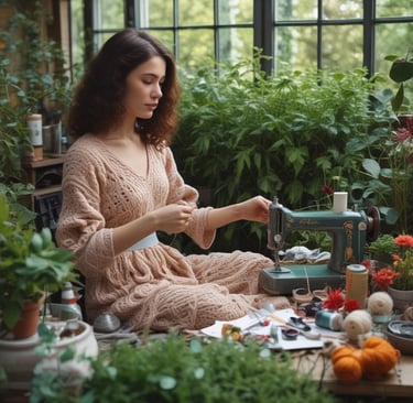 A close-up of eco-friendly gifts wrapped in natural materials, surrounded by greenery.