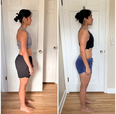 woman with improved posture and foot pain in after vs before training pictures
