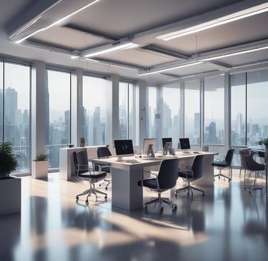 A professional office environment with a team discussing robotics and AI solutions.