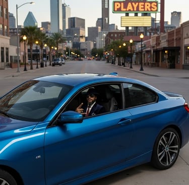 a man driving a blue bmw car down a city street