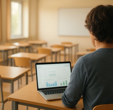 Eenzame leerkracht achter dashboard in lege klas.