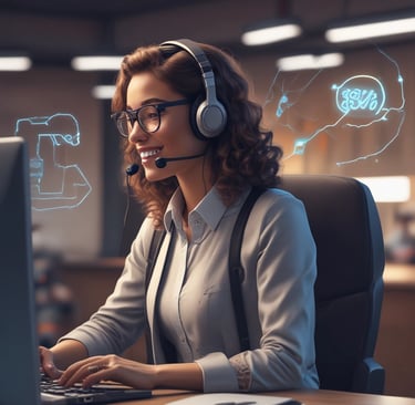 An engaging image of a customer service representative interacting with a voice AI system.