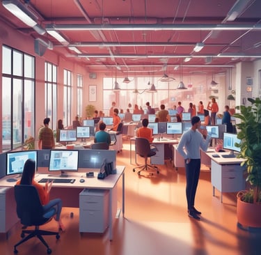 A vibrant image showcasing a modern office environment with employees using voice AI technology.