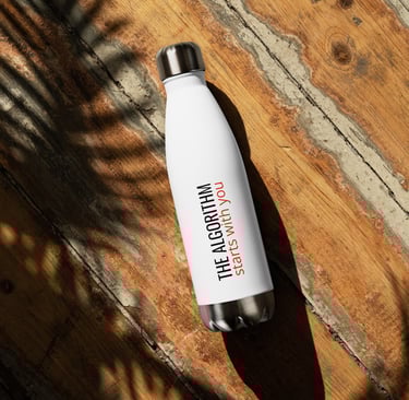 Stainless steel bottle with AI-inspired mindful living design from The Prompted Life.