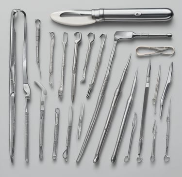 A variety of surgical supplies displayed in an organized manner.