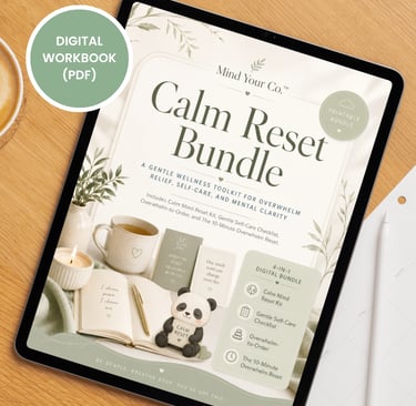 A digital tablet displaying the Calm Reset Bundle, a wellness toolkit PDF for self-care and mental clarity.