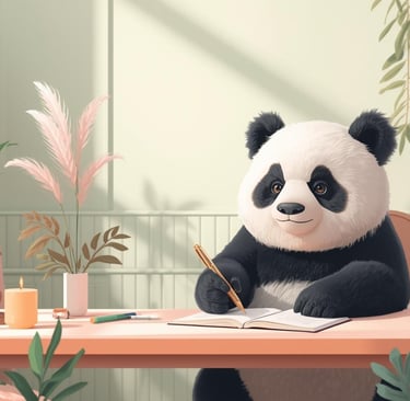 A cute giant panda sitting at a desk writing in a journal with a pen in a cozy, sunlit room.