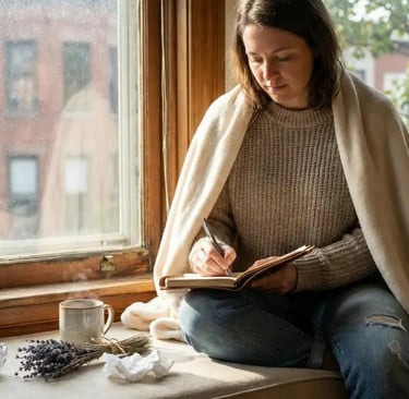 A woman sitting in a window nook writing in her journal while wrapped in a cozy blanket.