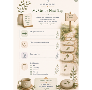 A mental health worksheet titled My Gentle Next Step with writing prompts and a stepping stone path.