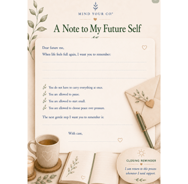 Self-care journal page titled A Note to My Future Self with mindfulness prompts, a pen, and tea.