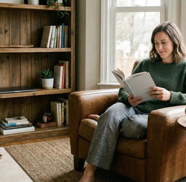 A woman reading a book in a leather armchair next to a wooden bookshelf in a cozy living room.