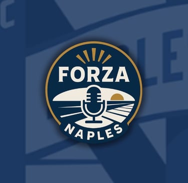 FC Naples' crest overlaid with a blue hue and the Forza Naples Podcast Logo on top, front and center