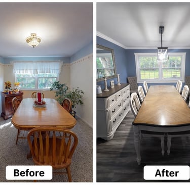 Dining room remodel before and after with new flooring, paint, and lighting in Cincinnati