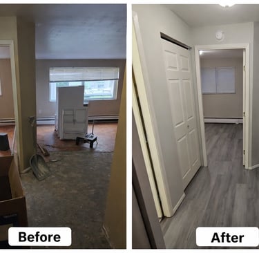 Before and after vinyl plank flooring installation in a unit turnover by Sanda Repairs