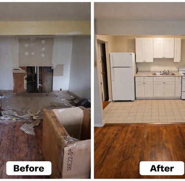 Full unit turn. Kitchen renovation with new cabinets, flooring, and finished walls.
