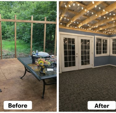 Patio converted into enclosed sunroom with framing, windows, painting, light electrical and finishes
