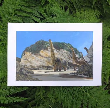 Group of Alamosaurus walking through the desert in sunlight, painted in acrylics.