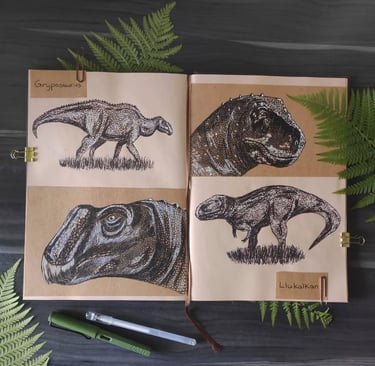 Gryposaurus and Llukalkan drawn in ink in a brown-toned sketchbook.
