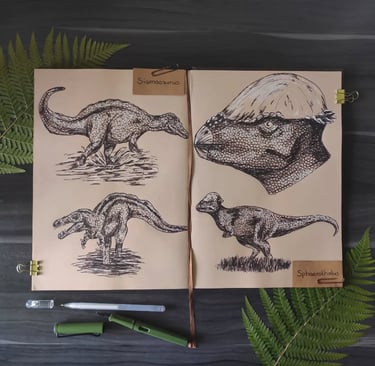 Siamosaurus and Sphaerotholus drawn in ink in a brown-toned sketchbook.