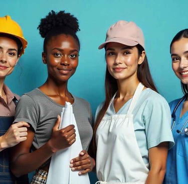 4 women each wearing trade clothes for construction, architecture, culinary arts, and medicine