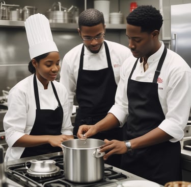2 male culinary students with their female supervisor in the kitchen cooking at a gas stove