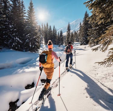 Two people backcountry skiing through a sunny pine forest on a snowy mountain trail.