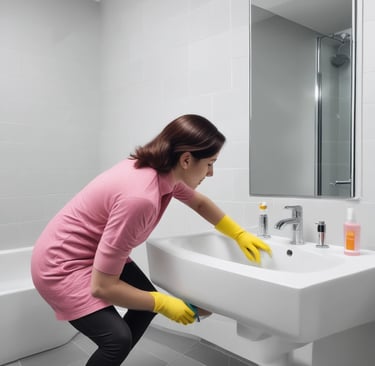 A woman in a dark uniform with a white apron and hair ribbon is cleaning the handle of a door. The setting appears to be the entrance to an old building with stone walls and a metal grate on the ground. A brass-finished metal container is positioned near the entrance.