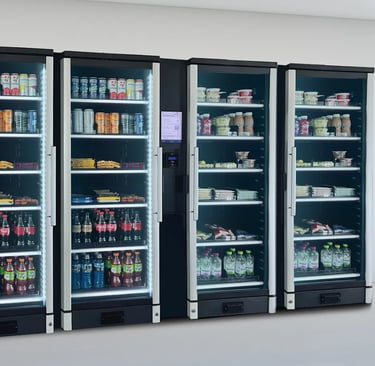a smart vending machine with a variety of drinks and beverages