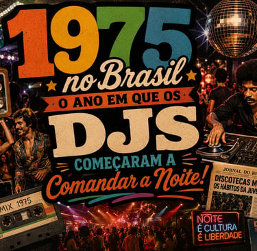 Vintage 1970s Brazilian disco collage featuring vinyl records, a DJ at turntables, and a retro nightclub scene.