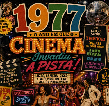 Vintage 1977 disco and cinema poster featuring retro movie posters, a sparkling disco ball, and dancers on a colorful