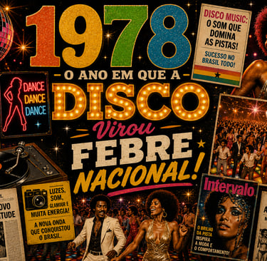 Vibrant 1970s disco culture collage featuring dancers, mirror balls, and vintage Brazilian magazine clippings.