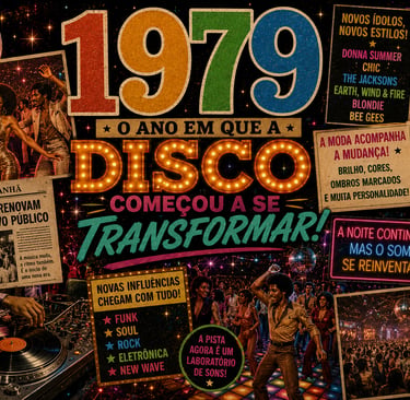 Vibrant 1970s disco era collage featuring 1979 music trends, Donna Summer, and retro dance club nightlife.