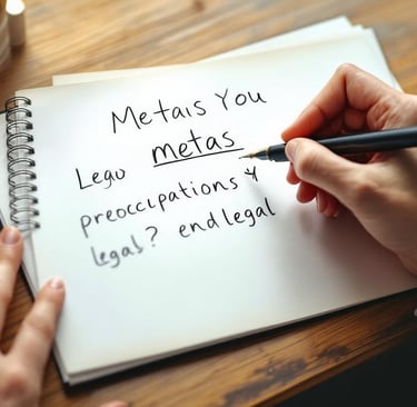 Forefront of a thoughtful person writing their legal goals and concerns.