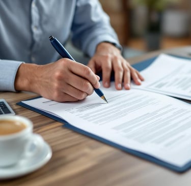Person reviewing legal documents, laptop and coffee (search and selection of lawyer)