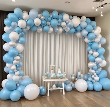 An elegantly decorated area featuring a balloon arch made up of pastel pink, green, and purple balloons adorned with small white butterflies. The backdrop curtain is pale pink with a row of artificial flowers intermixed with the balloons. On the left is a table with cake pops and cupcakes, adding to the festive atmosphere. The scene conveys a sense of preparation for a party or celebration in a cozy, indoor setting.