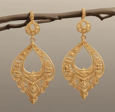 A jewelry store window display filled with mannequins adorned in elaborate, gold jewelry sets. The items include necklaces, bracelets, and full body chains, all intricately designed. The backdrop features a tufted, possibly velvet texture, adding to the luxurious atmosphere.