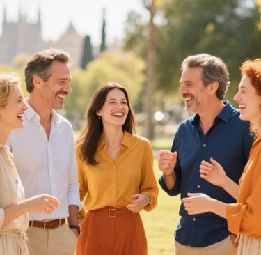 Diverse group laughing, symbolizing confident communication and connection