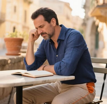 Man at table with book, looking frustrated, showing challenge of learning Spanish