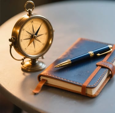 Elegant compass & journal. Guided Spanish learning journey, personal story