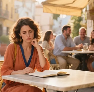 Woman feeling stuck studying Spanish at cafe, while a group happily converses in background