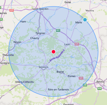 Carte montrant le rayon de déplacement pour les services de nettoyage automobile