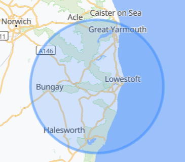15 mile radius from lowestoft image