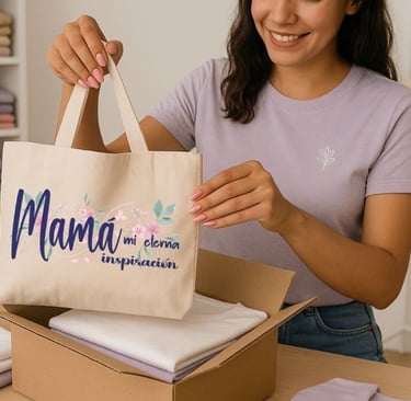 mujer empacando camisetas y tote bag estampada y personalizada