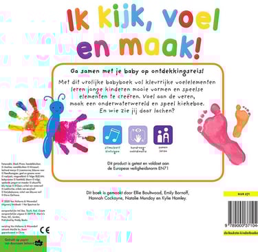 Achterzijde kaft boek ik kijk, voel en maak. Baby, voelen, kleurrijk en vrlijk