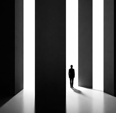 Ένας άνθρωπος στέκεται ανάμεσα σε στήλες φωτός και σκιάς.