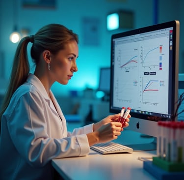 Biomédica analisando índices do hemograma