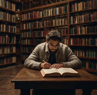 a man sitting at a table with a book and a pen